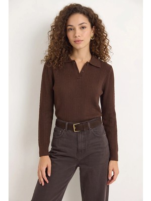 Efnaz Style Kadın Polo Yaka Patlı Regular Fit Triko Kahverengi Kazak