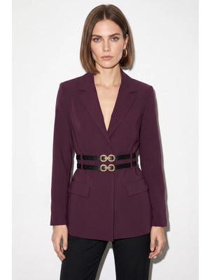 Efnaz Style Kadın Astarlı Çift Kemer Detaylı Klasik Blazer Mürdüm Ceket