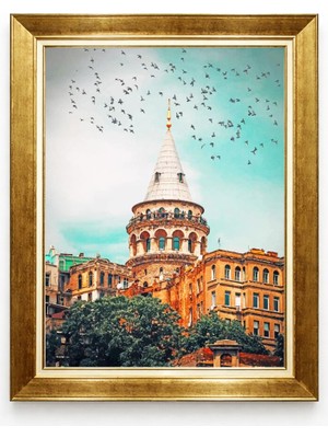 Tablore Galata Kulesi ve Kuşlar Manzaralı Gold Çerçeveli Tablo Istanbul Temalı Duvar Dekoru