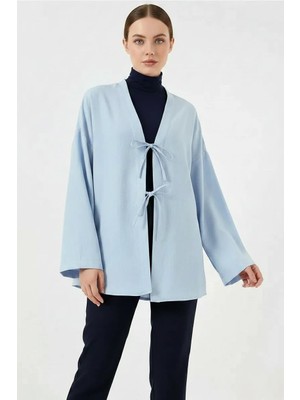 Efnaz Style Kadın V Yaka Kuşaklı Viskon Mavi Tesettür Kimono