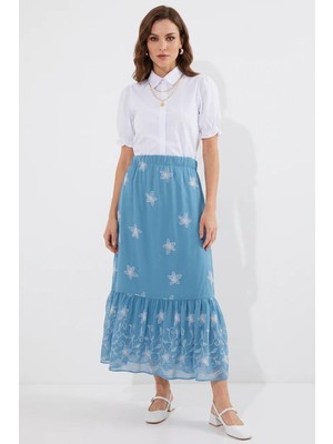 Efnaz Style Kadın Volanlı Ucu Çiçek Desenli Şifon Indigo Etek