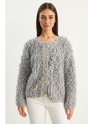 Efnaz Style Kadın Oversize Saçaklı Triko Gri Hırka