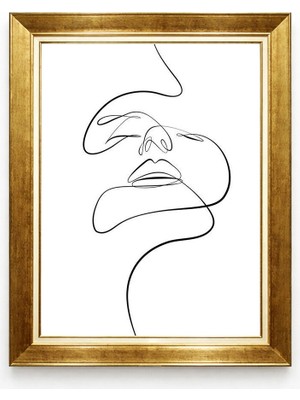 Tablore Minimalist Tek Çizim Yüz Altın Çerçeveli Tablo Line Art Modern Yatak Odası ve Salon Tablosu