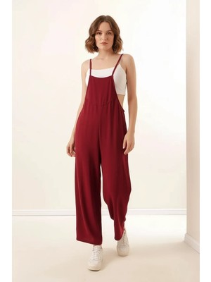 Efnaz Style Kadın Askılı Bordo Tulum