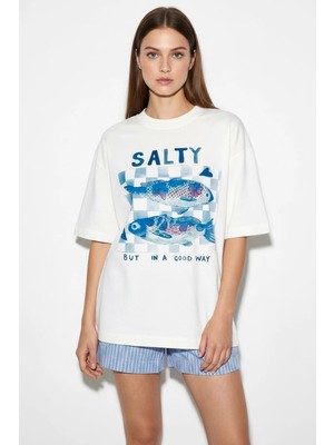 Efnaz Style Kadın Salty Baskılı Pamuklu Bisiklet Yaka Oversize Basic T Shirt Beyaz