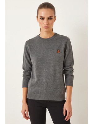 Efnaz Style Kadın Teddy Nakışlı Basic Antrasit Kazak