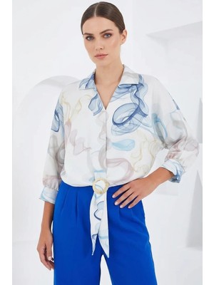 Efnaz Style Kadın Kuşaklı Oversize Desenli Saten Mavi Gömlek