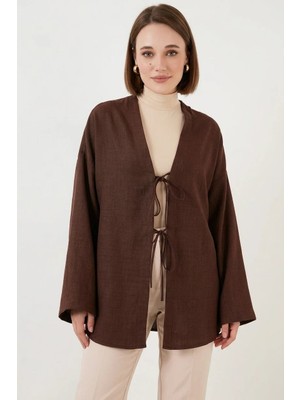 Efnaz Style Kadın Kuşaklı Viskon Kahverengi Tesettür Kimono