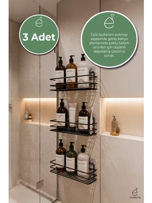 Evonita 3lü Yapışkanlı Banyo Rafı Duş Şampuanlık Organizer Metal Siyah Delmeden Montaj Raf Seti