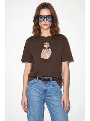 Efnaz Style Kadın Köpek Nakışlı Taş Işlemeli Relaxed Fit Pamuklu T Shirt Acı Kahve