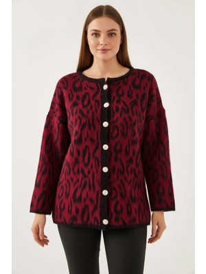 Efnaz Style Kadın Leopar Desenli Oversize Triko Bordo Hırka