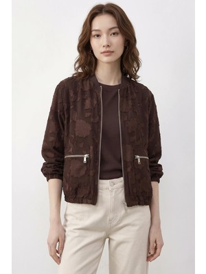 Efnaz Style Kadın Fermuarlı Şifon Empirme Oversize Acı Kahve Ceket