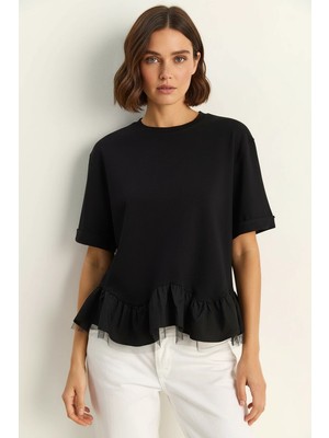 Efnaz Style Kadın Tül Detaylı Volanlı Oversize Basic Siyah Tişört