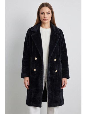 Efnaz Style Kadın Şık Düğme Detaylı Cepli Astarlı Oversize Siyah Mont