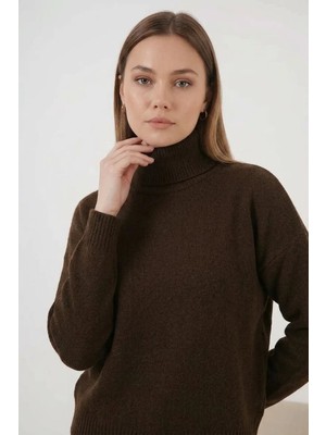 Efnaz Style Kadın Balıkçı Yaka Oversize Triko Kahverengi Kazak