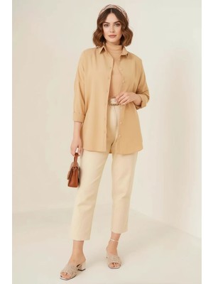 Efnaz Style Kadın Oversize Kesim Basic Pamuklu Bej Tesettür Gömlek