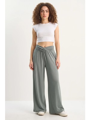 Efnaz Style Kadın Asimetrik Bel Detaylı Cepli Rahat Modal Koyu Mint Pantolon