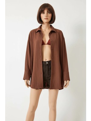 Efnaz Style Kadın Düşük Omuz Oversize Basic Bürümcük Kahverengi Gömlek