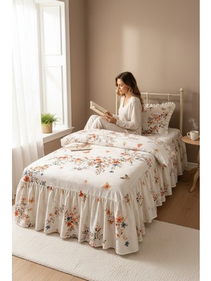 Shules Collection Vintage Kırmızı  Çiçekli-Kelebekli Fırfırlı Etekli Lastikli Çarşaf Takımı