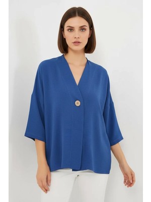 Efnaz Style Kadın V Yaka Oversize Kısa Kol Indigo Kimono