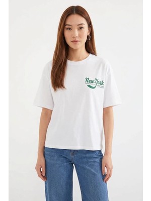 Efnaz Style Kadın Basic Baskılı Beyaz Tişört