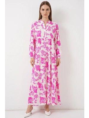 Efnaz Style Kadın Otantik Desenli Viskon Pembe Tesettür Elbise