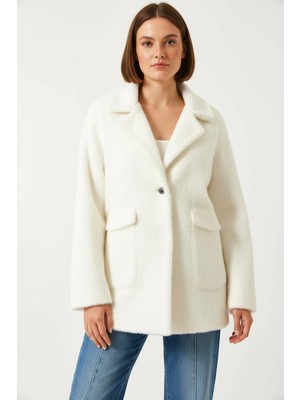 Efnaz Style Kadın Çift Cepli Oversize Peluş Ekru Mont