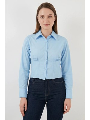 Efnaz Style Kadın Beli Büzgülü Pamuklu Mavi Gömlek