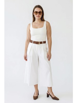 Efnaz Style Kadın Yüksek Bel Pile Detaylı Geniş Paça Culotte Beyaz Pantolon
