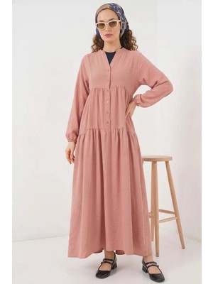 Efnaz Style Kadın Yuvarlak Yaka Beli Büzgülü Uzun Kol Somon Tesettür Elbise