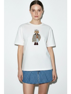 Efnaz Style Kadın Köpek Nakışlı Taş Işlemeli Relaxed Fit Pamuklu T Shirt Beyaz
