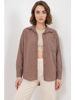 Efnaz Style Kadın Oversize Tek Cepli Çizgili Viskon Kahverengi Gömlek