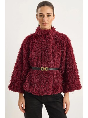 Efnaz Style Kadın Kemer Detaylı Yumuşak Dokulu Peluş Panço Bordo
