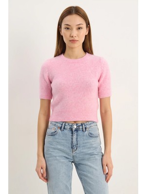 Efnaz Style Kadın Bisiklet Yaka Kısa Kollu Basic Triko Pembe Kazak