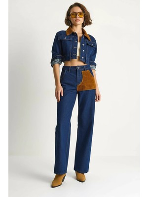 Efnaz Style Kadın Kadife Yaka Ceket Renk Bloklu Wide Leg Denim Lacivert Takım