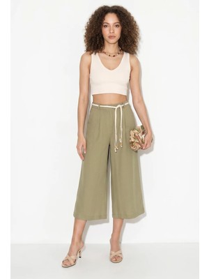 Efnaz Style Kadın Astarlı Keten Cepli Kemer Detaylı Bol Paça Culotte Çağla Yeşili Pantolon