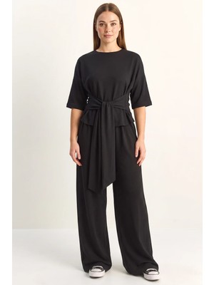 Efnaz Style Kadın Belden Bağlamalı Basic T Shirt Bol Paça Pantolon Alt Üst Modal Siyah Takım