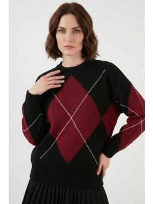 Efnaz Style Kadın Yuvarlak Yaka Oversize Baklava Desenli Triko Siyah Kazak