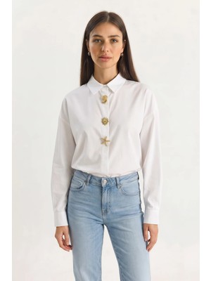 Efnaz Style Kadın Gold Düğme Aksesuarlı Beyaz Gömlek