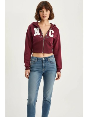 Efnaz Style Kadın Nakışlı Üç Iplik Şardonlu Kapüşonlu Crop Bordo Hırka
