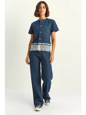 Efnaz Style Kadın Dantel Detaylı Kısa Kollu Ceket Wide Leg Denim Lacivert Takım
