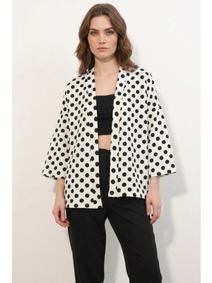 Efnaz Style Kadın Yaka Puantiyeli Beyaz Kimono