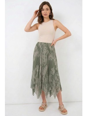 Efnaz Style Kadın Asimetrik Pileli Çiçek Desenli Şifon Çağla Yeşili Etek