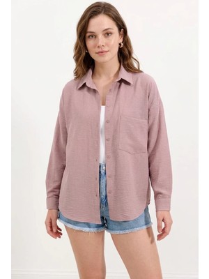 Efnaz Style Kadın Tek Cepli Oversize Viskon Gül Kurusu Gömlek