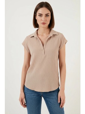 Efnaz Style Kadın Polo Yaka Düğmeli Bej Bluz