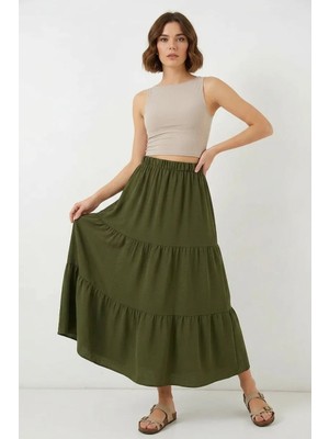 Efnaz Style Kadın Katmanlı Fırfırlı Haki Etek