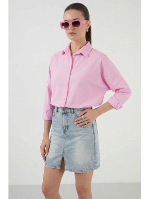 Efnaz Style Kadın Gömlek Yaka Düğmeli Pamuklu Mavi Etek