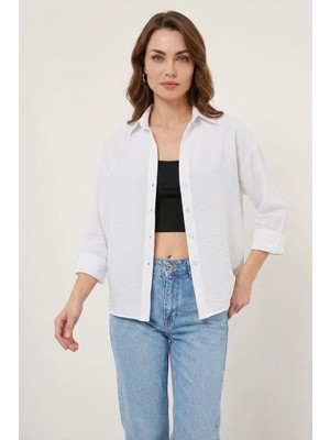 Efnaz Style Kadın Oversize Kısa Kol Viskon Beyaz Gömlek