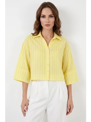 Efnaz Style Kadın Oversize Çizgili Viskon Sarı Gömlek