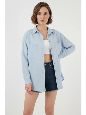 Efnaz Style Kadın Cep Detaylı Oversize Viskon Mavi Gömlek